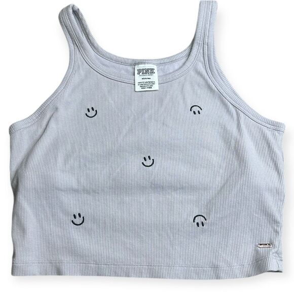 PINK Victoria's Secret Tops - PINK VICTORIA’S SECRET Women’s Gray Ribbed Crop Tank with Smiley Face Print Size